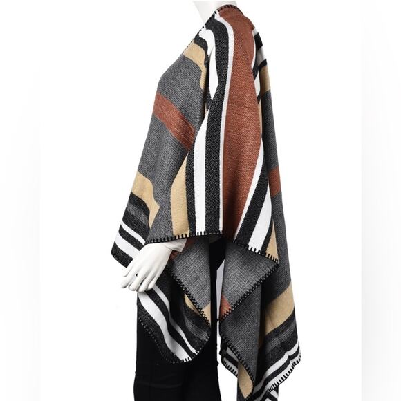 Gray, Multi Color Stripe Pattern Ruana, One size fits most - Picture 3 of 4